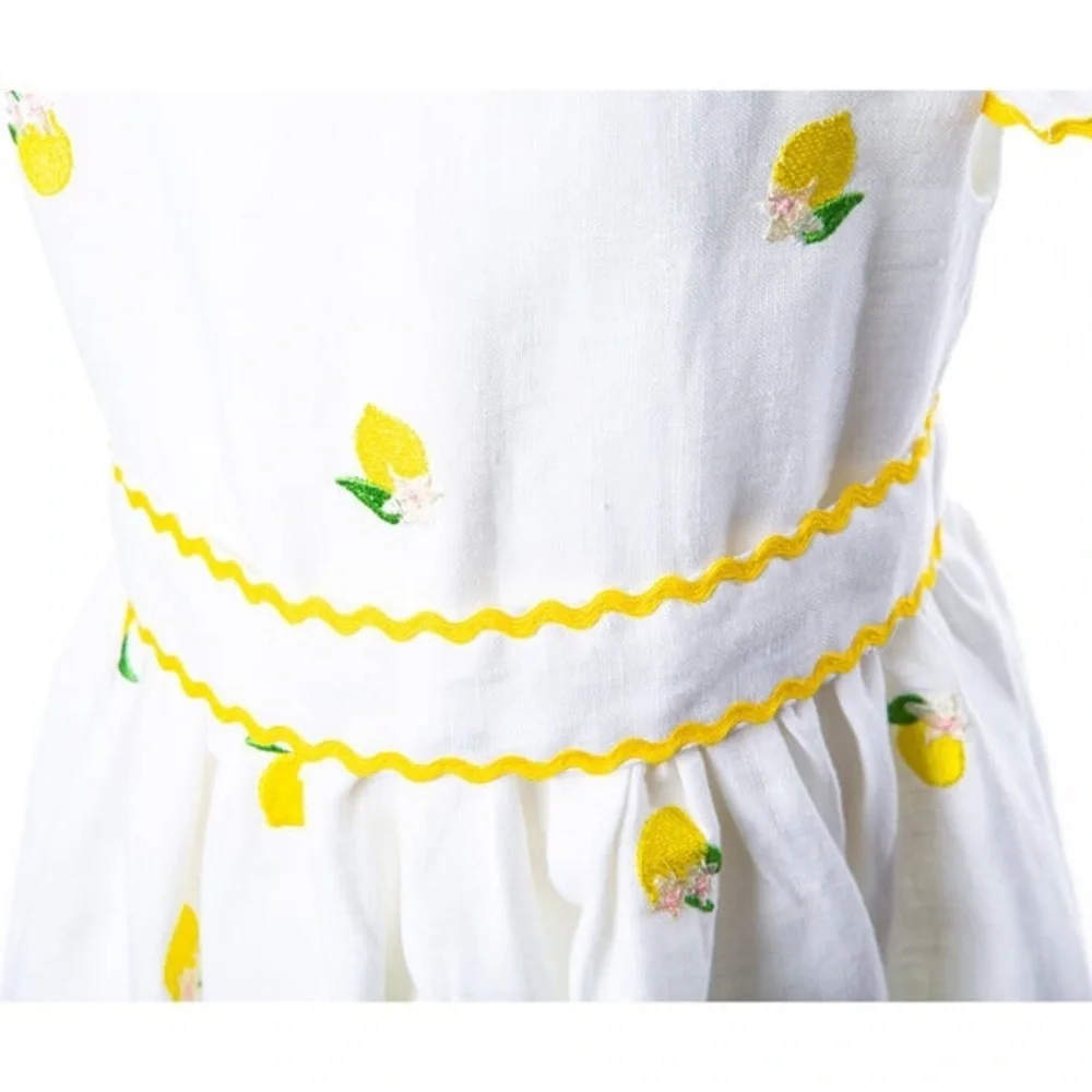 Sorci and Fofa Girls 6 Embroidered Lemon Flutter Sleeve Ric-Rac Linen Dress‎ - Picture 3 of 16